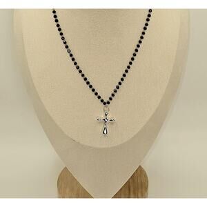 Sterling Silver Cross Necklace Adjustable Black Rosary Chain Lightweight